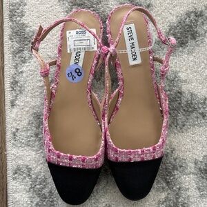 NWT Steve Madden Belinda Pink White Tweed Cap Toe Flats Sling Back Shoes Sz 8.5